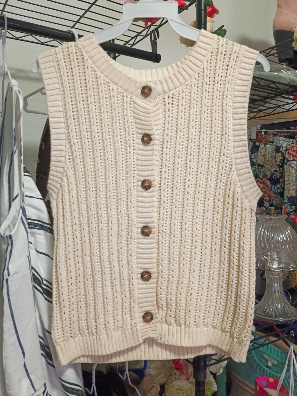 Sleeveless Button-Front Knit Vest in Cream